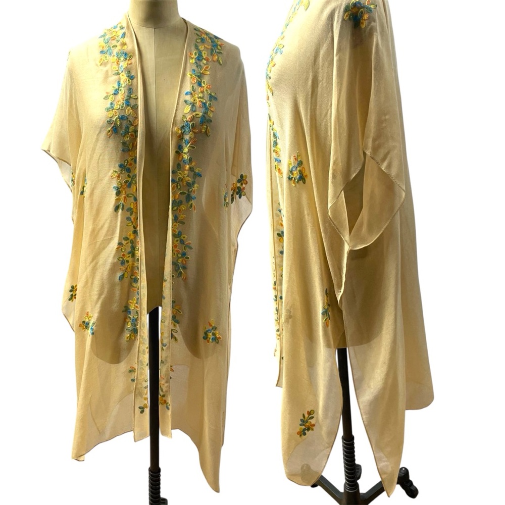 NWT Shrug Cato Embroidered Kimono OS Sand Tan Floral Coastal Beach Boho Travel
